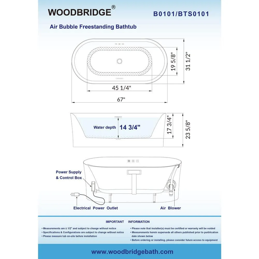 WOODBRIDGE Diana 67 in. Acrylic Freestanding Double-Ended Air Bath Bathtub with Drain & Overflow, White, photo 21 of 23