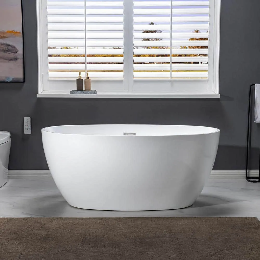 WOODBRIDGE Tarbes 55 in. Acrylic FlatBottom Double-Ended Freestanding Bathtub with Polished Chrome Overflow and Drain, White, photo 5 of 8
