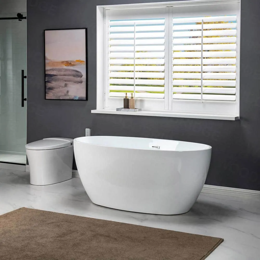 WOODBRIDGE Tarbes 55 in. Acrylic FlatBottom Double-Ended Freestanding Bathtub with Polished Chrome Overflow and Drain, White, photo 3 of 8