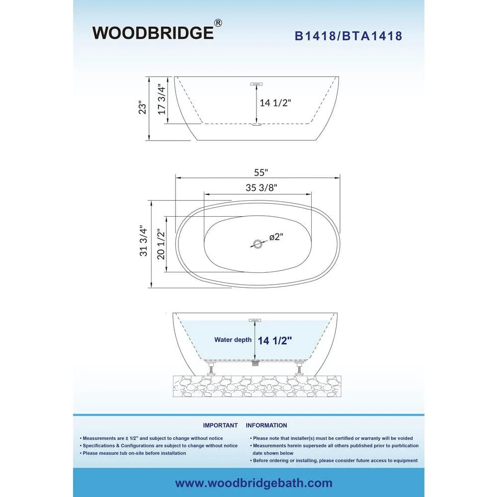 WOODBRIDGE Tarbes 55 in. Acrylic FlatBottom Double-Ended Freestanding Bathtub with Polished Chrome Overflow and Drain, White, photo 6 of 8