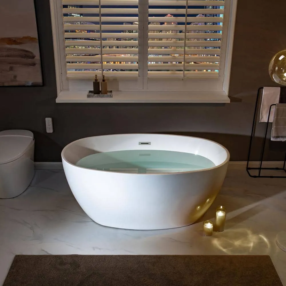 WOODBRIDGE Tarbes 55 in. Acrylic FlatBottom Double-Ended Freestanding Bathtub with Polished Chrome Overflow and Drain, White, photo 2 of 8
