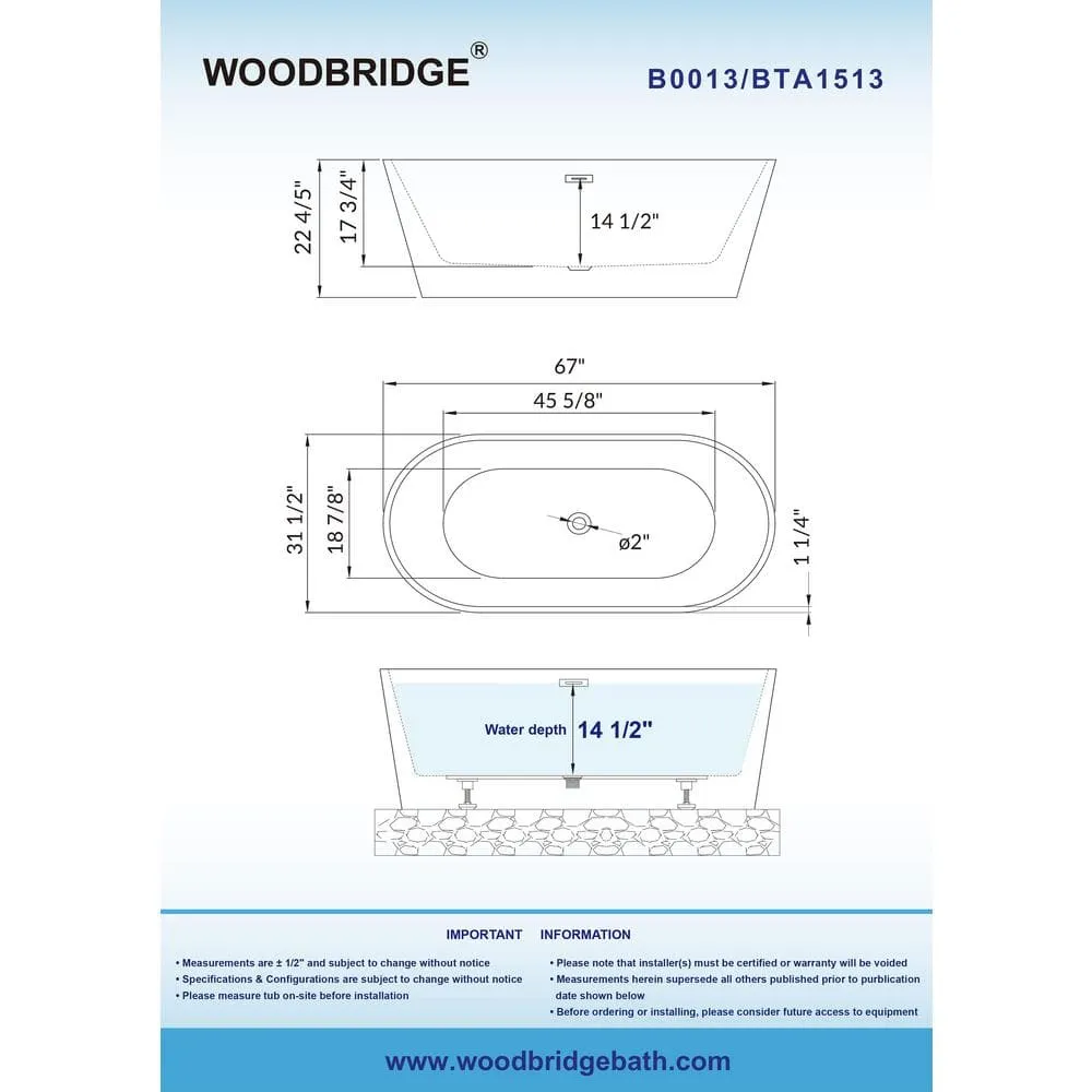 WOODBRIDGE Bradbury 67 in. Acrylic FlatBottom Double-Ended Freestanding Bathtub with Polished Chrome Overflow & Drain, White, photo 5 of 8