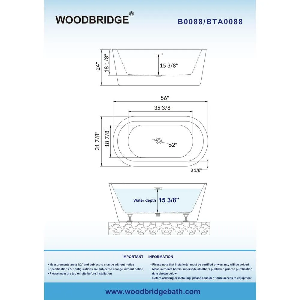 WOODBRIDGE Bridgewater 56 in. Acrylic Freestanding Double-Ended Soaking Bathtub with Drain and Overflow Included, White, photo 10 of 12