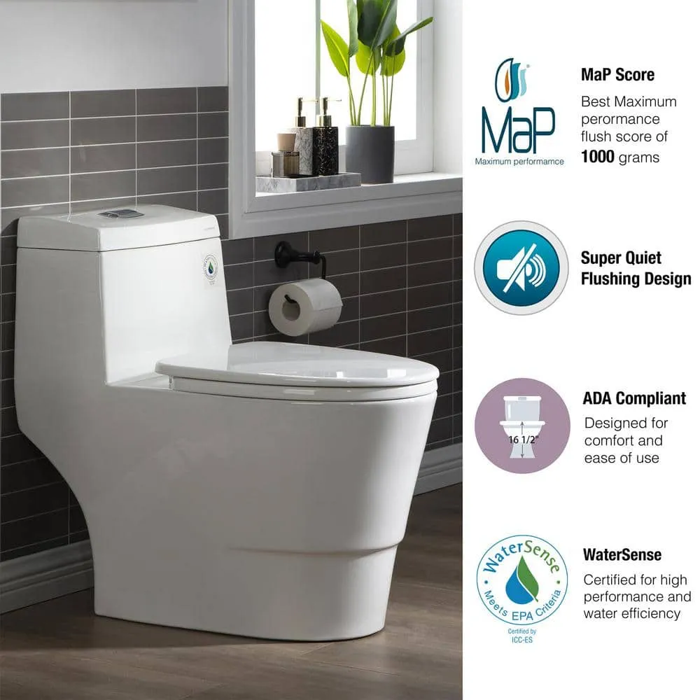 WOODBRIDGE Bristol 1-Piece 1.0/1.6 GPF High Efficiency Elongated All-In-One Toilet with Soft-Close Seat, White, photo 5 of 8
