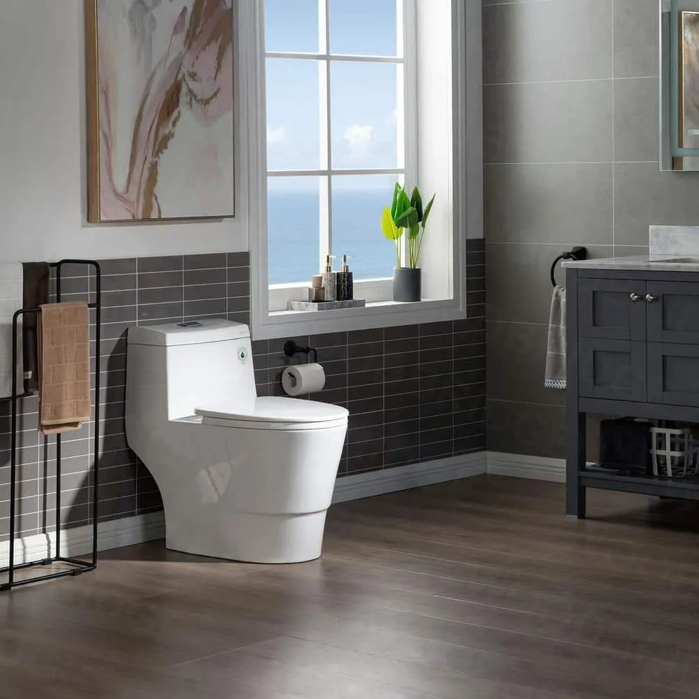 WOODBRIDGE Bristol 1-Piece 1.0/1.6 GPF High Efficiency Elongated All-In-One Toilet with Soft-Close Seat, White, photo 6 of 8