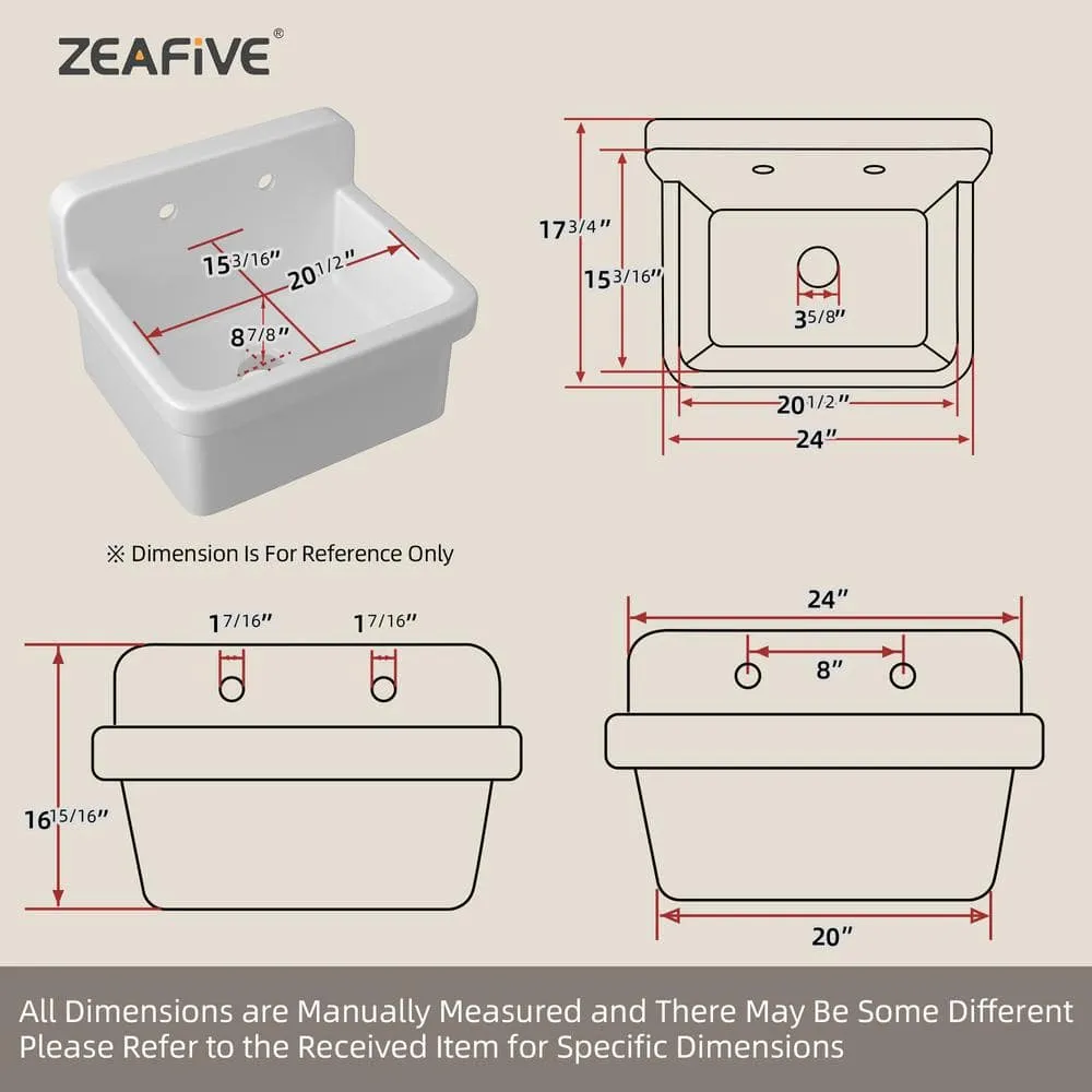 Zeafive 24 in. W x 20 in. D Wall Mount/Freestanding Laundry/Utility Sink in White Farmhouse Sink With Overflow and Sink Strainer, photo 6 of 13
