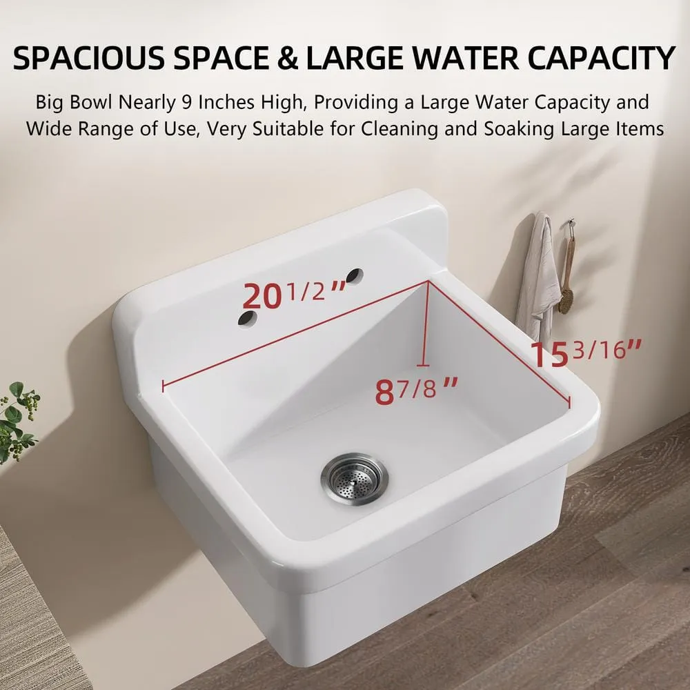 Zeafive 24 in. W x 20 in. D Wall Mount/Freestanding Laundry/Utility Sink in White Farmhouse Sink With Overflow and Sink Strainer, photo 7 of 13