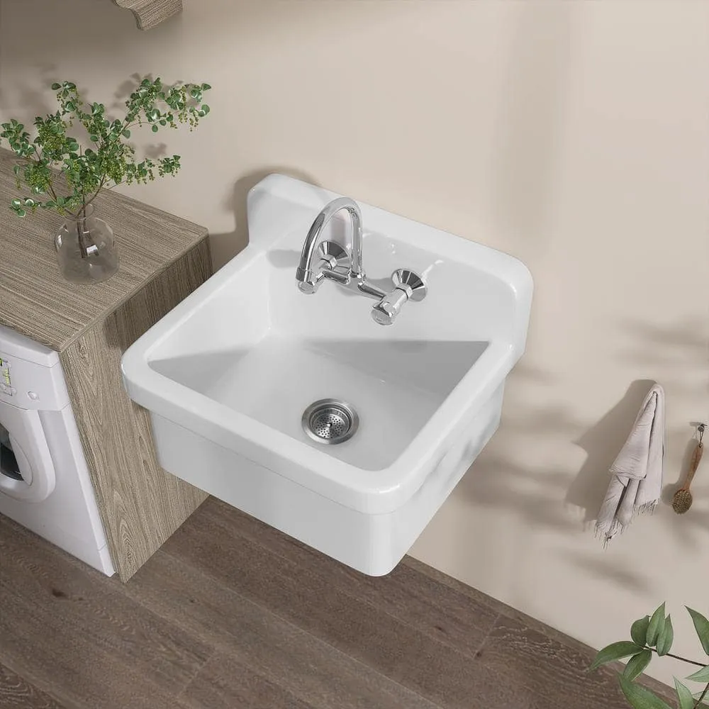 Zeafive 24 in. W x 20 in. D Wall Mount/Freestanding Laundry/Utility Sink in White Farmhouse Sink With Overflow and Sink Strainer, photo 4 of 13