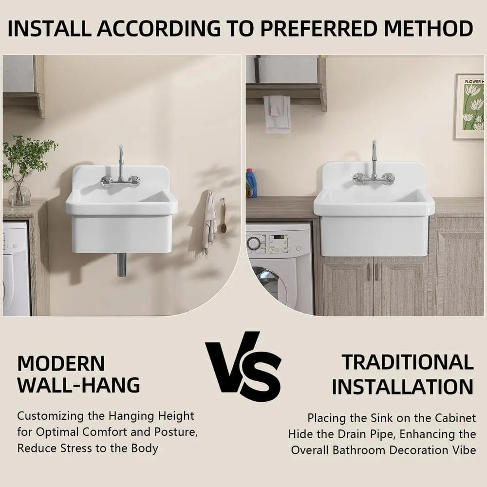 Zeafive 24 in. W x 20 in. D Wall Mount/Freestanding Laundry/Utility Sink in White Farmhouse Sink With Overflow and Sink Strainer, photo 8 of 13