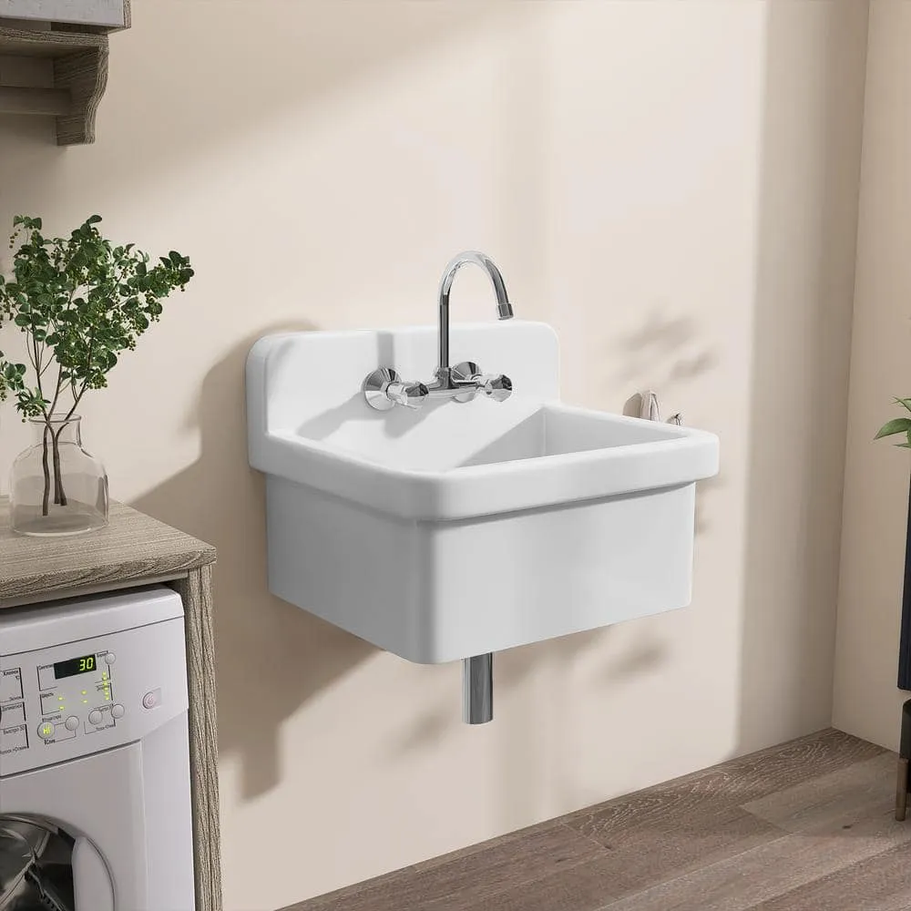 Zeafive 24 in. W x 20 in. D Wall Mount/Freestanding Laundry/Utility Sink in White Farmhouse Sink With Overflow and Sink Strainer, photo 2 of 13