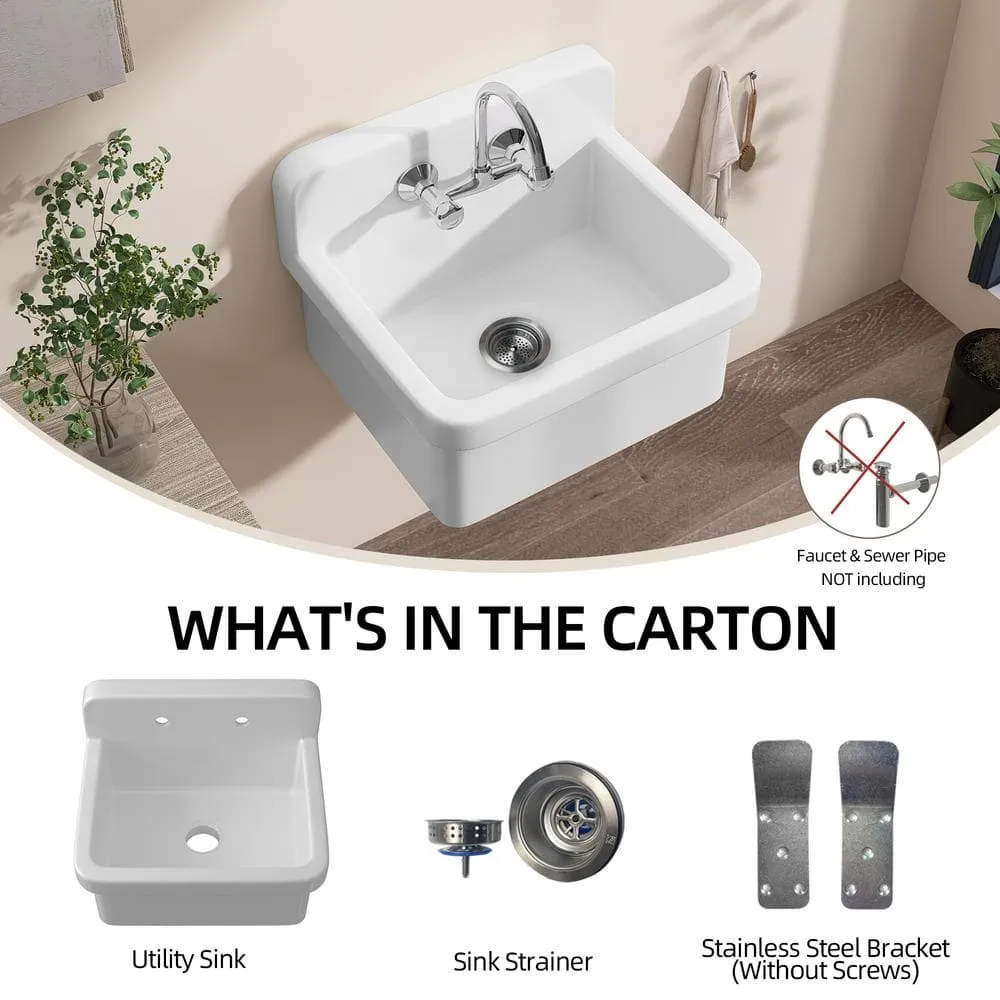 Zeafive 24 in. W x 20 in. D Wall Mount/Freestanding Laundry/Utility Sink in White Farmhouse Sink With Overflow and Sink Strainer, photo 12 of 13