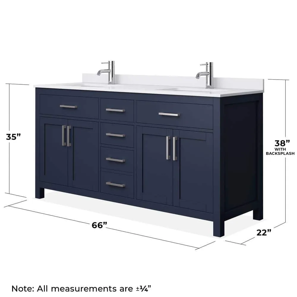 Wyndham Collection Beckett 66" Double Sink Bathroom Vanity in Dark Blue with Cultured Marble Top, photo 6 of 7