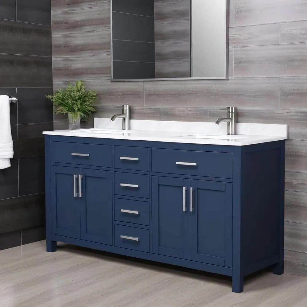 Wyndham Collection Beckett 66" Double Sink Bathroom Vanity in Dark Blue with Cultured Marble Top, photo 2 of 7