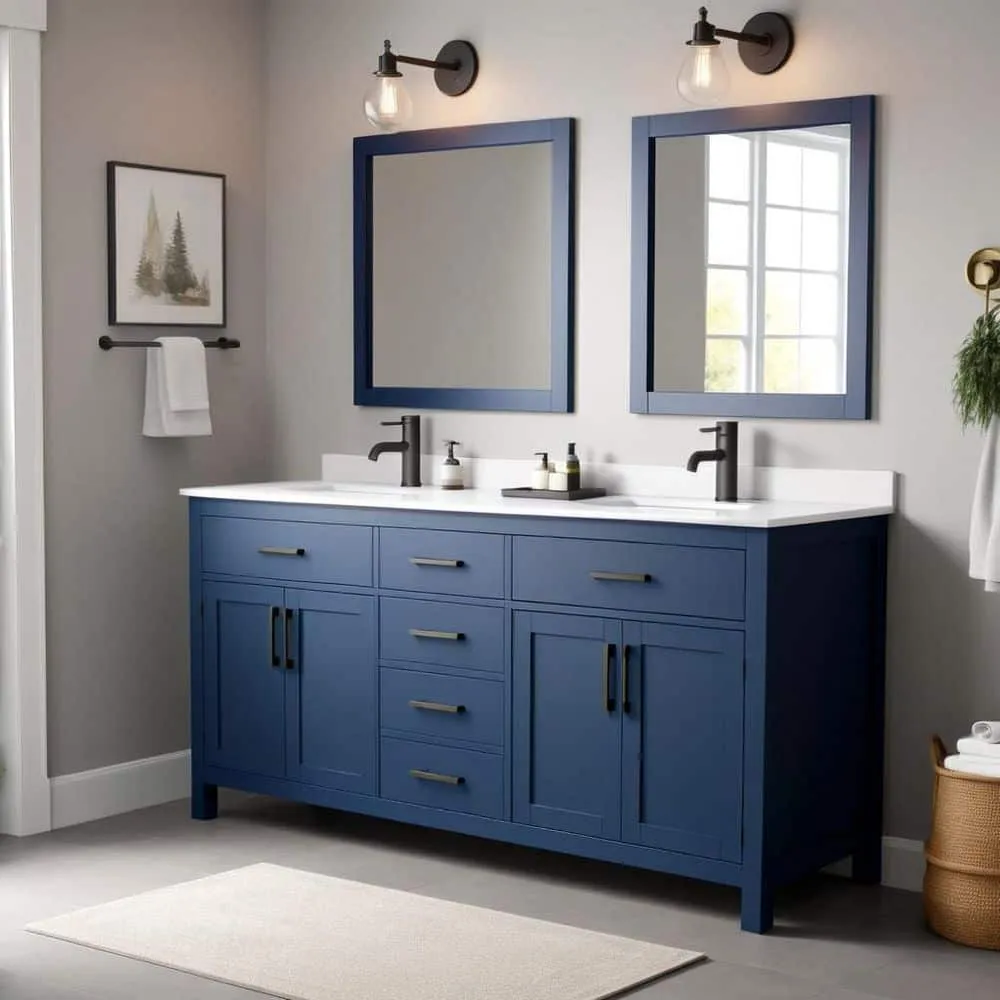 Wyndham Collection Beckett 72" Double Sink Bathroom Vanity in Dark Blue with Cultured Marble Top, photo 2 of 6