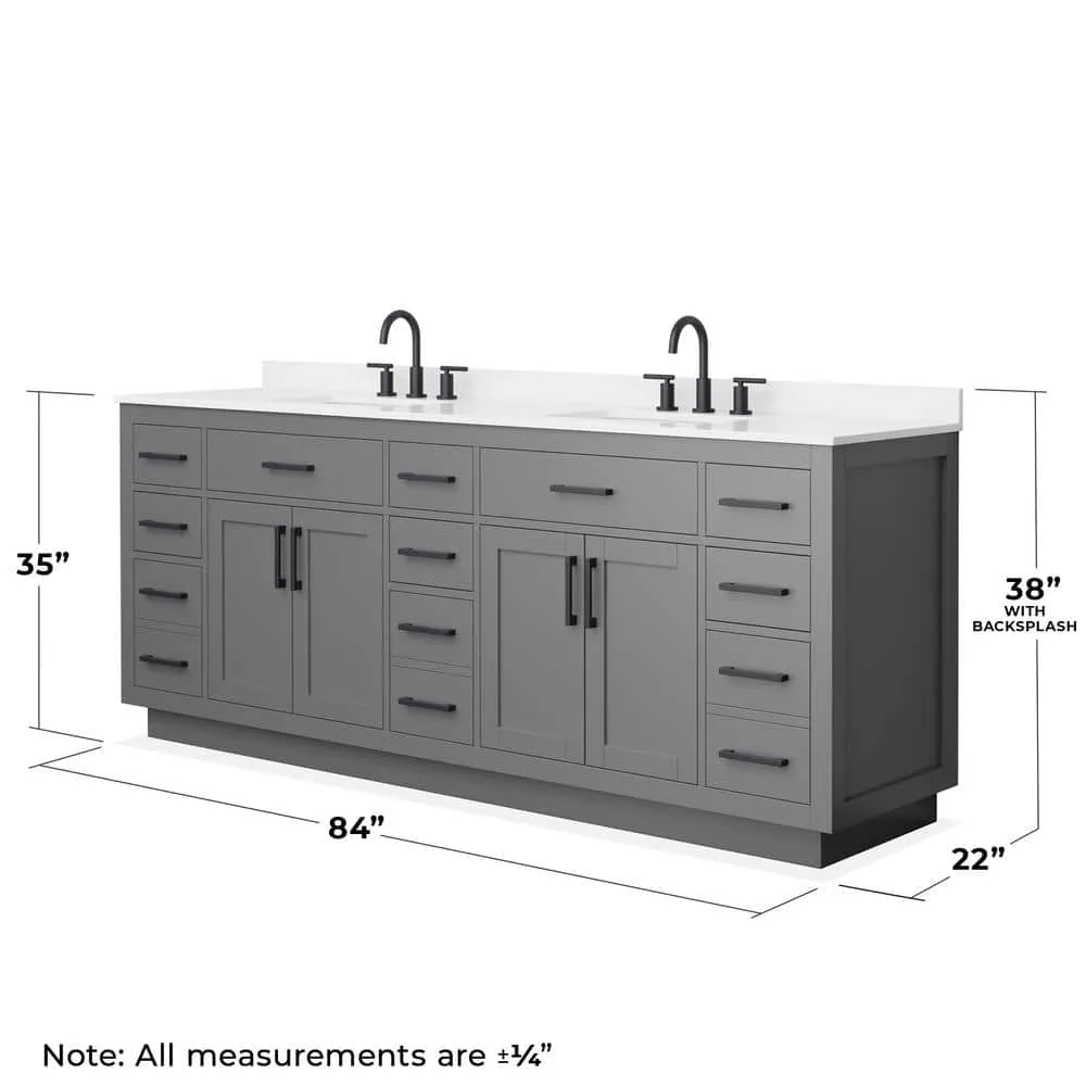Wyndham Collection Beckett TK 84" Double Sink Bath Vanity in Dark Gray with Matte Black Trim and White Quartz Top, photo 4 of 5