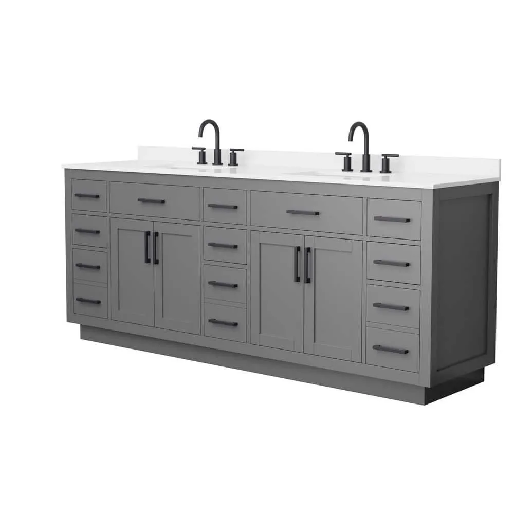 Wyndham Collection Beckett TK 84" Double Sink Bath Vanity in Dark Gray with Matte Black Trim and White Quartz Top, photo 3 of 5