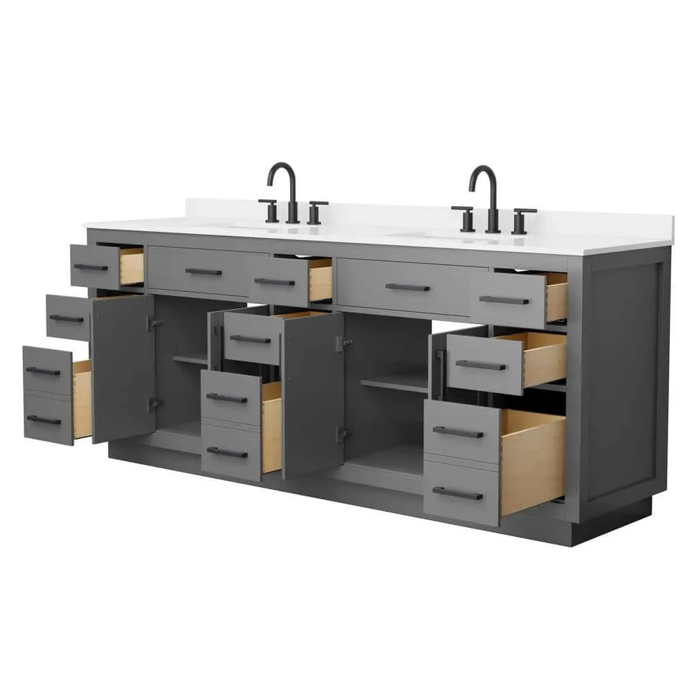Wyndham Collection Beckett TK 84" Double Sink Bath Vanity in Dark Gray with Matte Black Trim and White Quartz Top, photo 2 of 5