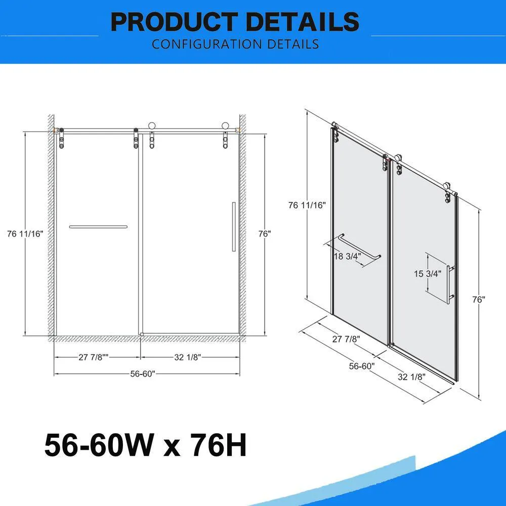 Xspracer Victoria 56-60 in. W x 76 in. H Sliding Frameless Shower Door in Brushed Nickel Finish with Clear SGCC Tempered Glass, photo 2 of 11