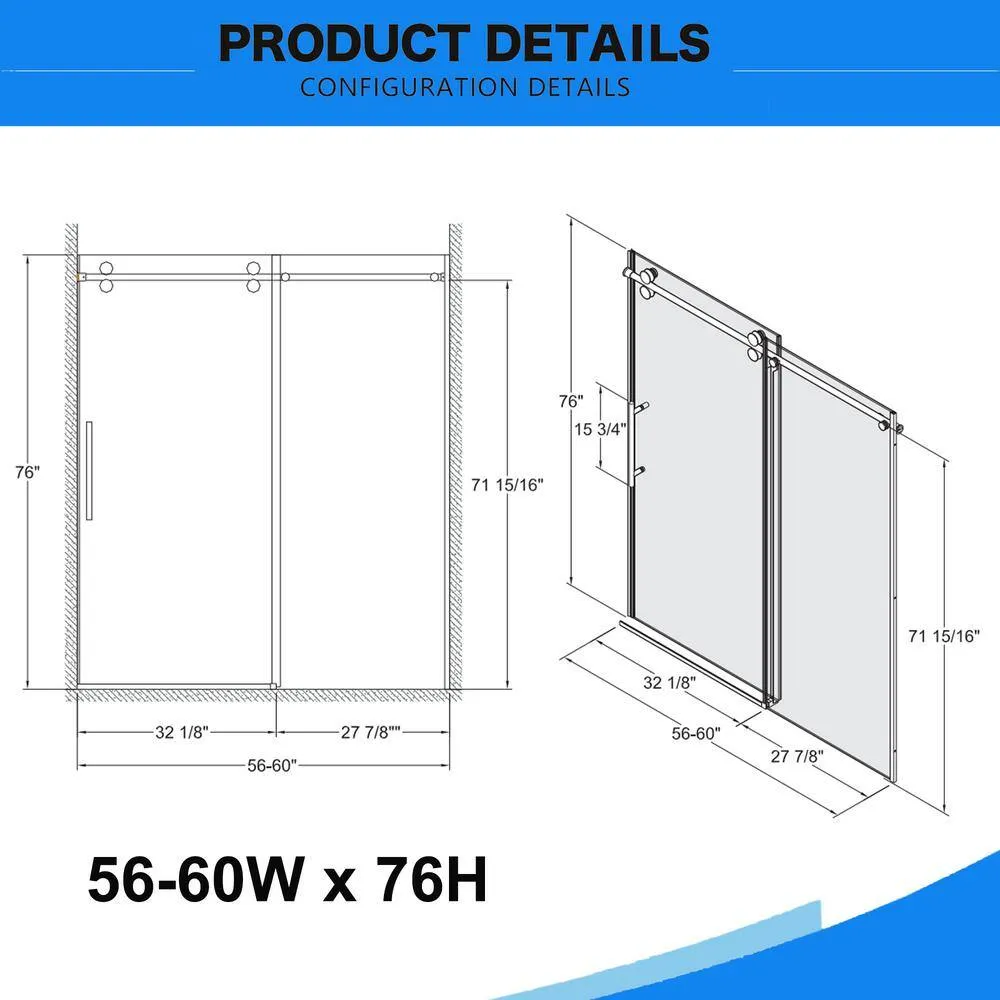 Xspracer Victoria 56-60 in. W x 76 in. H Sliding Frameless Shower Door in Chrom Finish with Clear SGCC Tempered Glass, photo 3 of 11