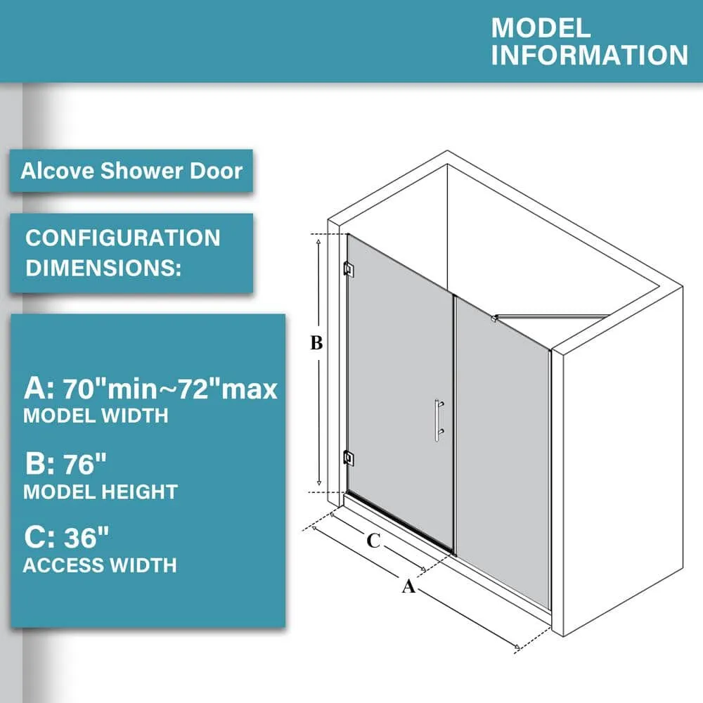 Xspracer Victoria 70-72 in. W x 76 in. H Pivot Frameless Shower Door in Matte Black with 3/8 Inches Thick SGCC Tampered Glass, photo 2 of 8