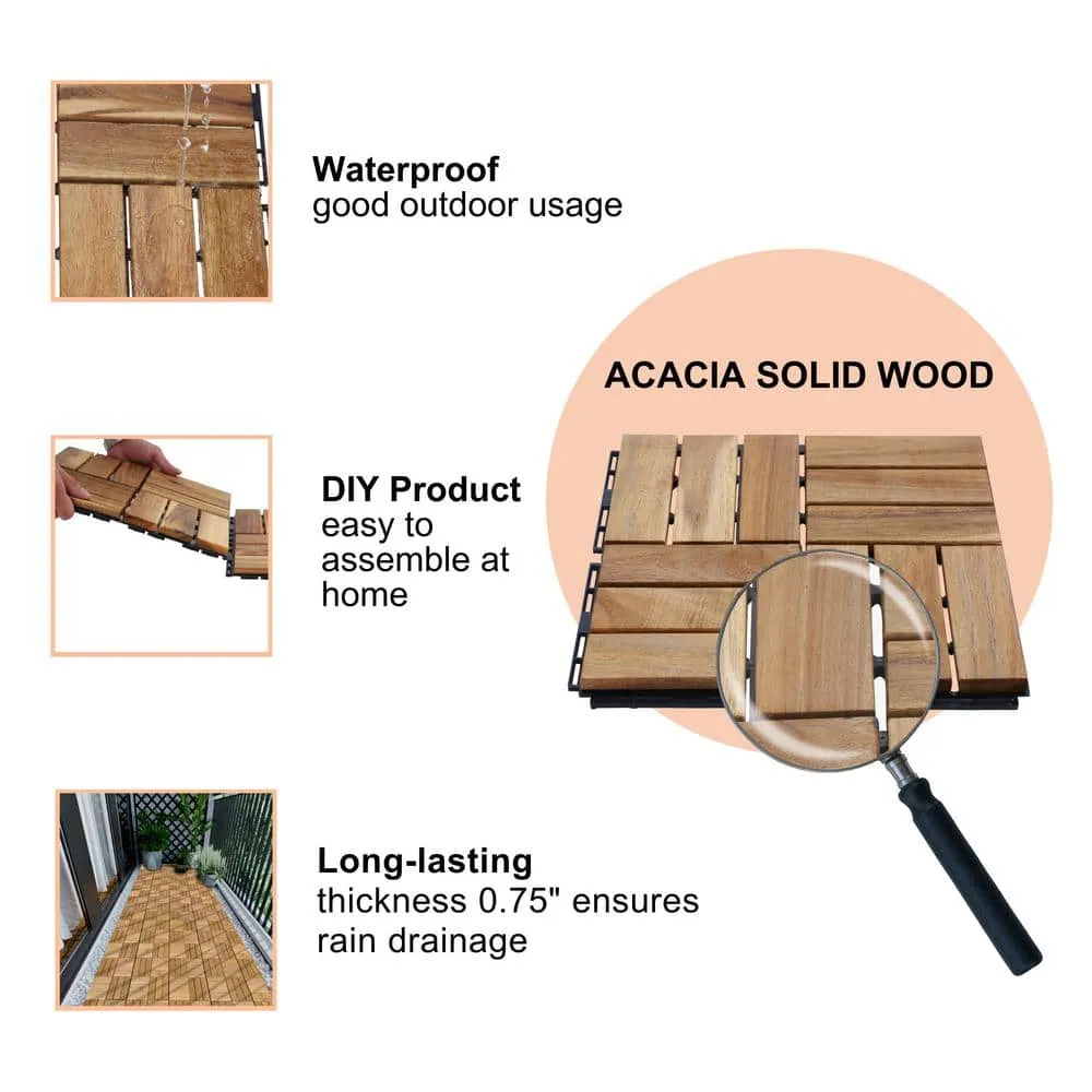 cadeninc 12 in. x 12 in. Square Interlocking Acacia Wood Outdoor Checker Pattern Flooring Tiles (Set of 10 Tiles), photo 4 of 7