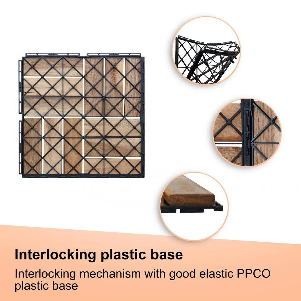 cadeninc 12 in. x 12 in. Square Interlocking Acacia Wood Outdoor Checker Pattern Flooring Tiles (Set of 10 Tiles), photo 5 of 7