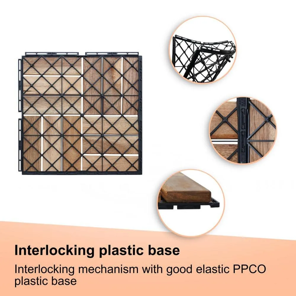 cadeninc 12 in. x 12 in. Square Interlocking Acacia Wood Outdoor Checker Pattern Flooring Tiles (Set of 30 Tiles), photo 5 of 7