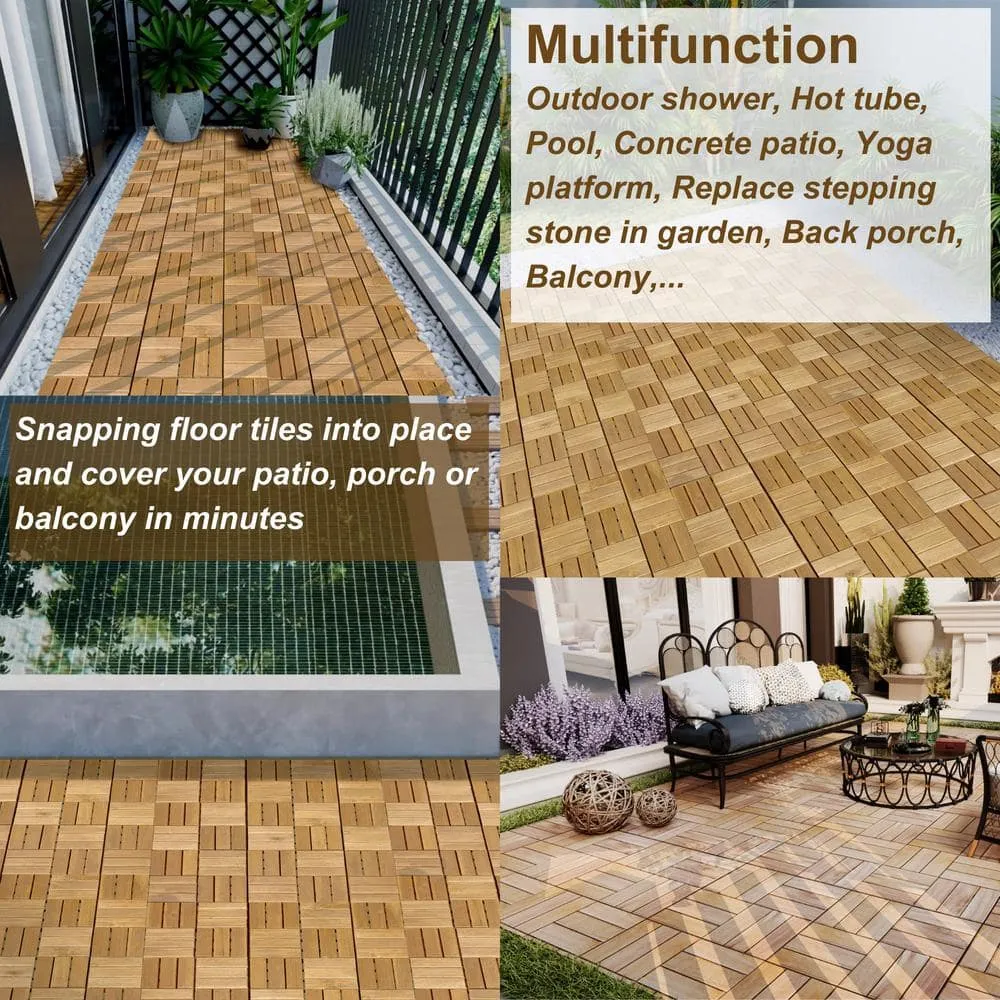 cadeninc 12 in. x 12 in. Square Interlocking Acacia Wood Outdoor Checker Pattern Flooring Tiles (Set of 30 Tiles), photo 7 of 7