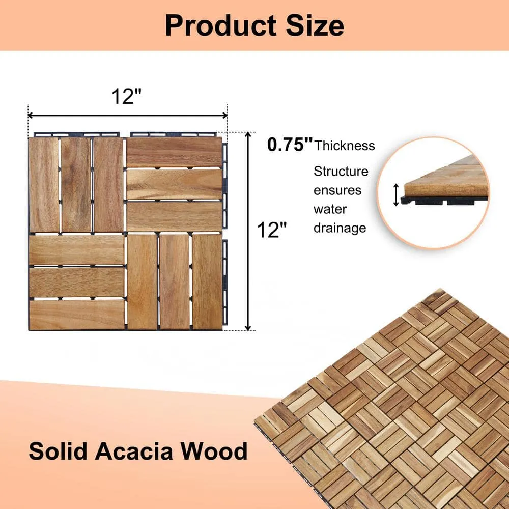 cadeninc 12 in. x 12 in. Square Interlocking Acacia Wood Outdoor Checker Pattern Flooring Tiles (Set of 30 Tiles), photo 2 of 7