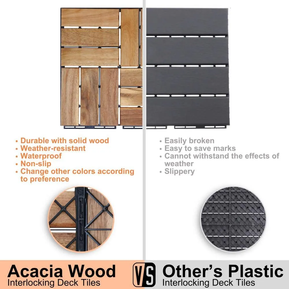 cadeninc 12 in. x 12 in. Square Interlocking Acacia Wood Outdoor Checker Pattern Flooring Tiles (Set of 30 Tiles), photo 6 of 7