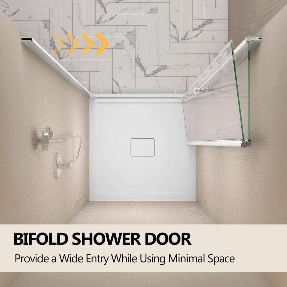 Zeafive 34 to 35-1/2 in. W x 72 in. H Frameless Bifold Shower Door Swing Pivot Small Alcove Shower Door in Chrome Clear Glass, photo 2 of 10