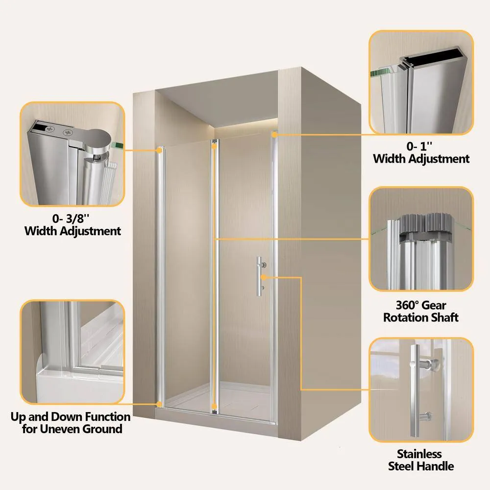 Zeafive 34 to 35-1/2 in. W x 72 in. H Frameless Bifold Shower Door Swing Pivot Small Alcove Shower Door in Chrome Clear Glass, photo 6 of 10