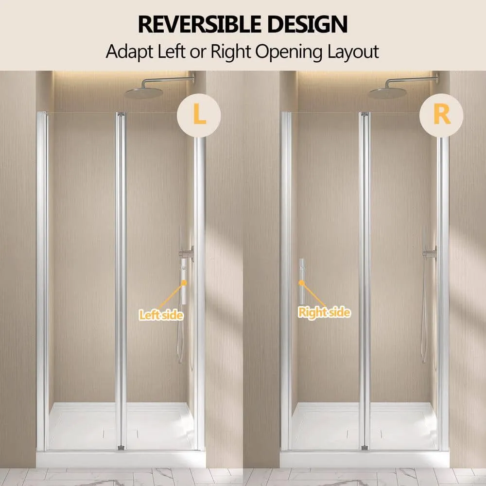 Zeafive 34 to 35-1/2 in. W x 72 in. H Frameless Bifold Shower Door Swing Pivot Small Alcove Shower Door in Chrome Clear Glass, photo 7 of 10