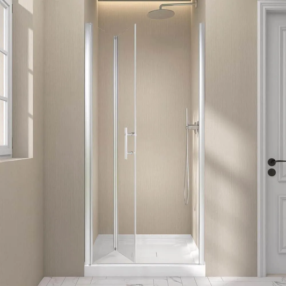 Zeafive 34 to 35-1/2 in. W x 72 in. H Frameless Bifold Shower Door Swing Pivot Small Alcove Shower Door in Chrome Clear Glass, photo 5 of 10