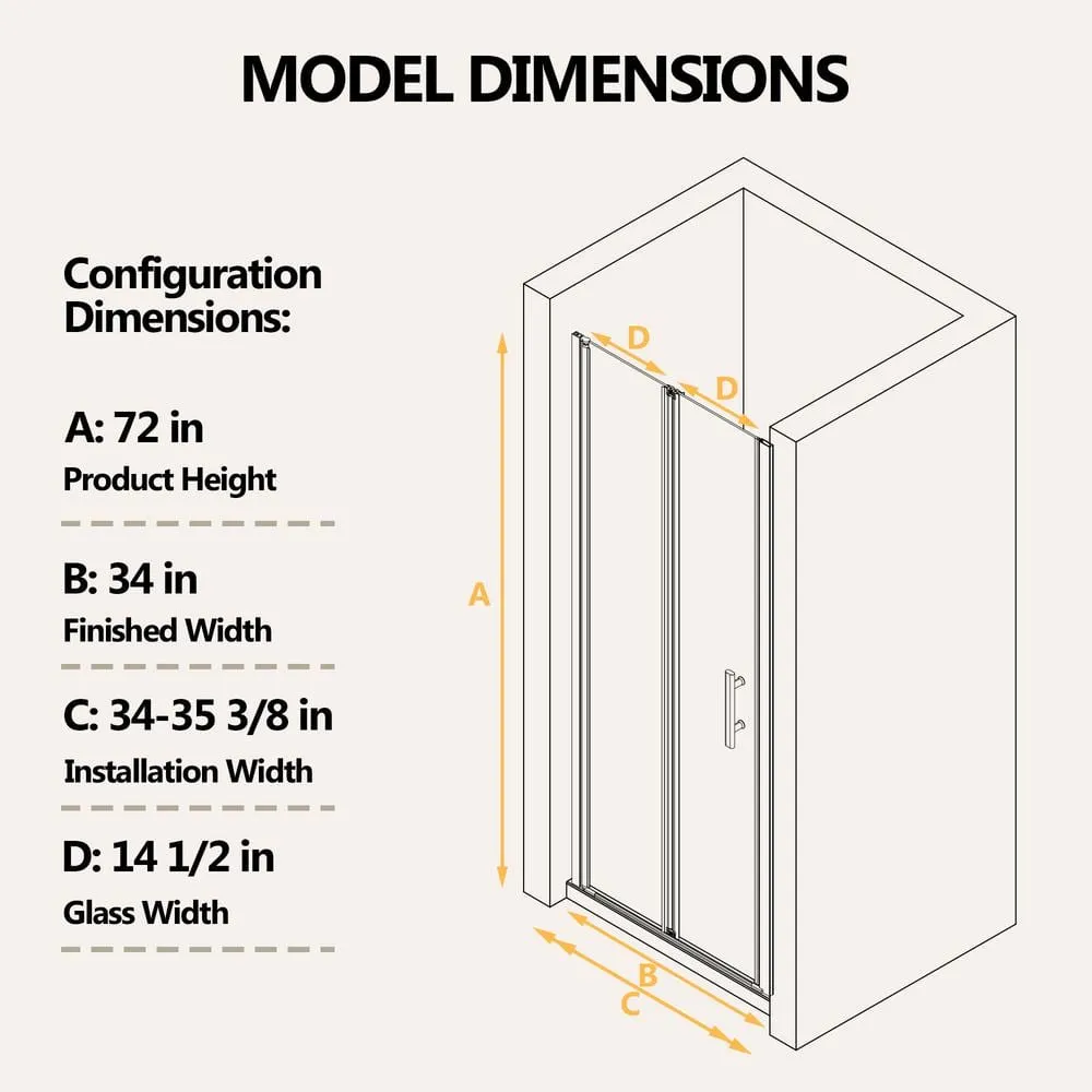 Zeafive 34 to 35-1/2 in. W x 72 in. H Frameless Bifold Shower Door Swing Pivot Small Alcove Shower Door in Chrome Clear Glass, photo 10 of 10