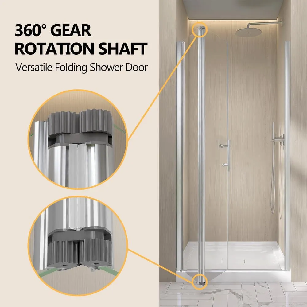 Zeafive 34 to 35-1/2 in. W x 72 in. H Frameless Bifold Shower Door Swing Pivot Small Alcove Shower Door in Chrome Clear Glass, photo 8 of 10