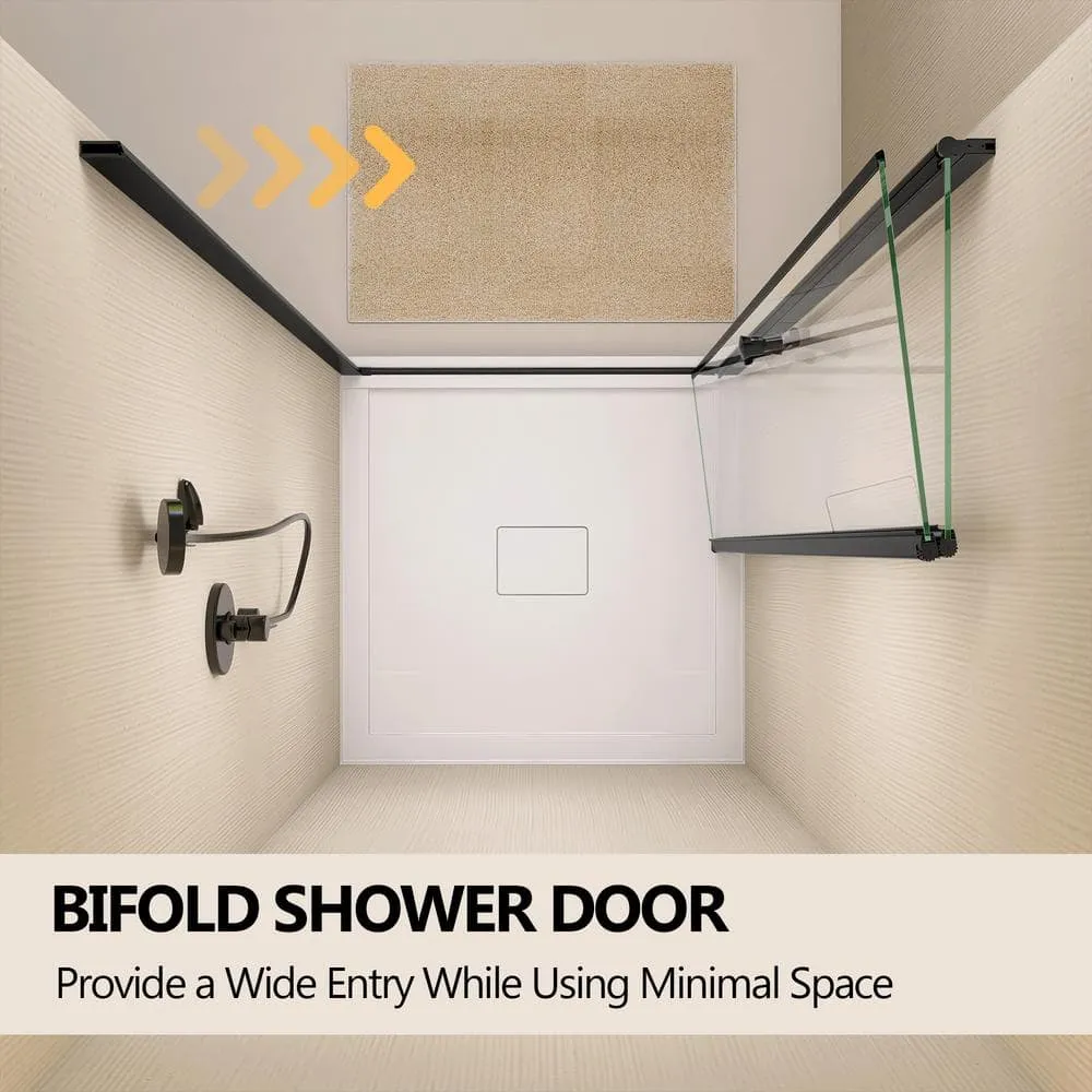 Zeafive 34 to 35-1/2 in. W x 72 in. H Frameless Bifold Shower Door Swing Pivot Small Alcove Shower Door in Black Clear Glass, photo 3 of 12