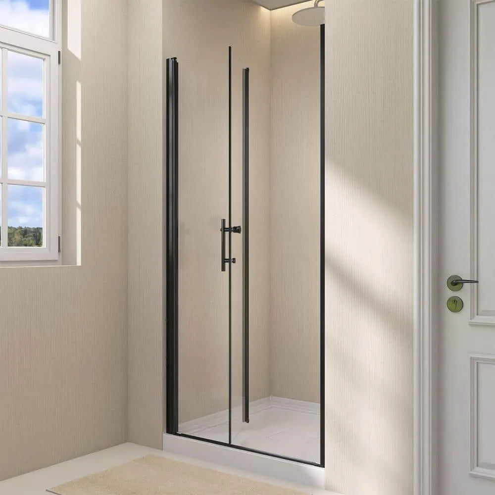 Zeafive 34 to 35-1/2 in. W x 72 in. H Frameless Bifold Shower Door Swing Pivot Small Alcove Shower Door in Black Clear Glass, photo 7 of 12