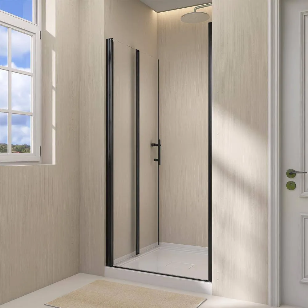 Zeafive 34 to 35-1/2 in. W x 72 in. H Frameless Bifold Shower Door Swing Pivot Small Alcove Shower Door in Black Clear Glass, photo 8 of 12
