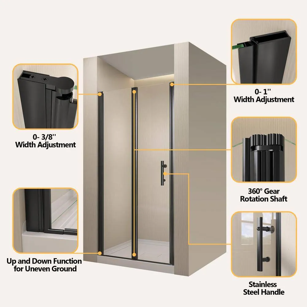 Zeafive 34 to 35-1/2 in. W x 72 in. H Frameless Bifold Shower Door Swing Pivot Small Alcove Shower Door in Black Clear Glass, photo 4 of 12