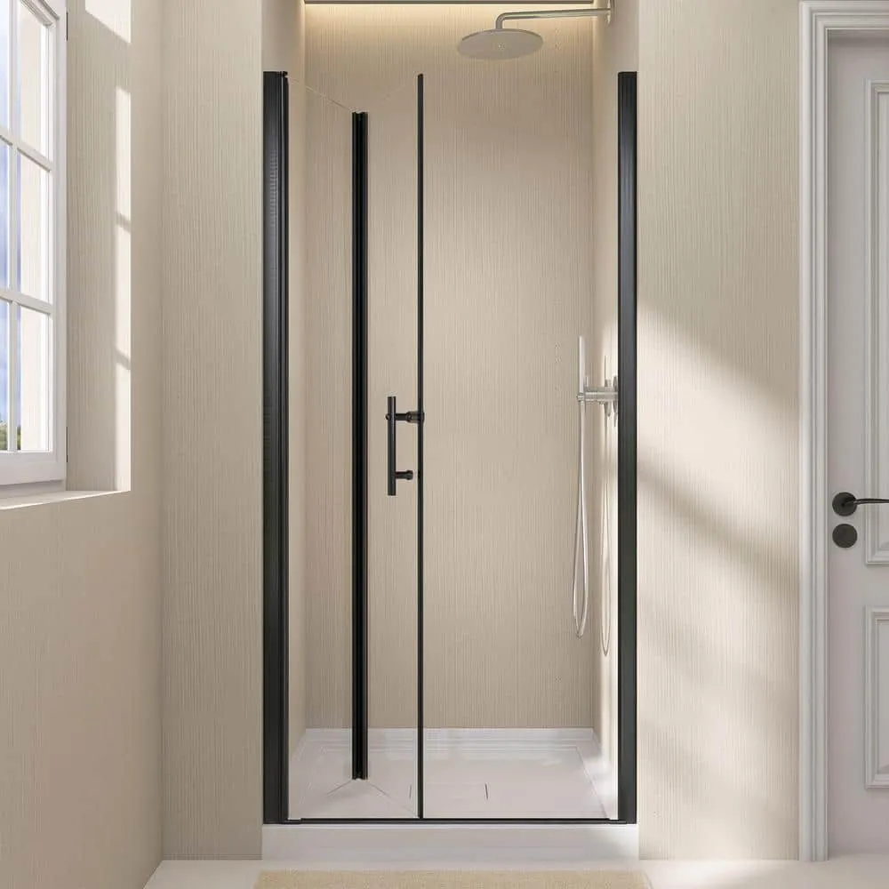 Zeafive 34 to 35-1/2 in. W x 72 in. H Frameless Bifold Shower Door Swing Pivot Small Alcove Shower Door in Black Clear Glass, photo 5 of 12