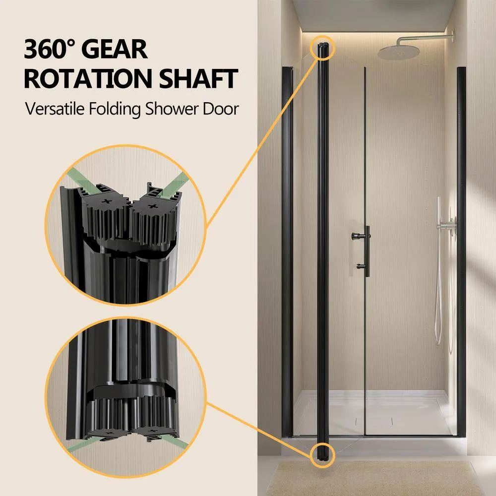 Zeafive 36 to 37-1/2 in. W x 72 in. H Frameless Shower Door Bifold Swing Pivot Small Shower Door in Black with Clear Glass, photo 10 of 12