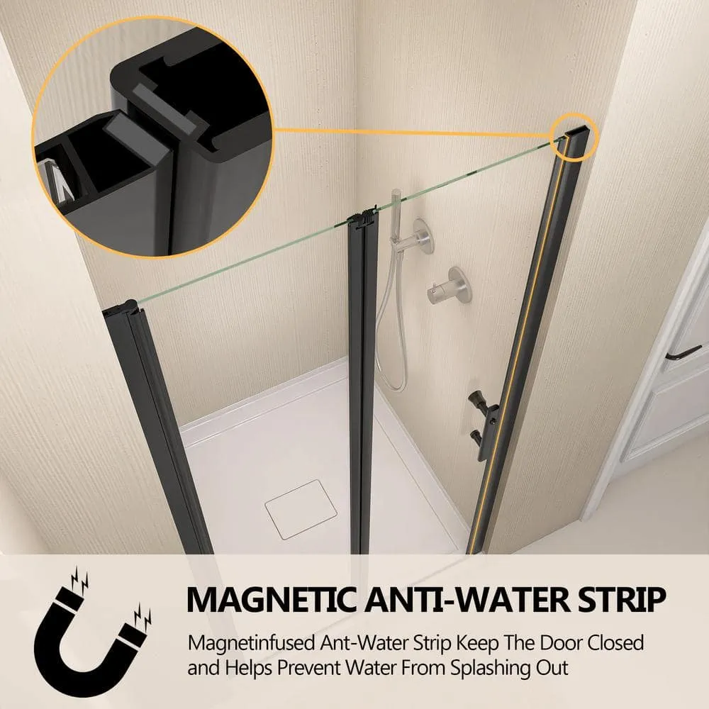 Zeafive 36 to 37-1/2 in. W x 72 in. H Frameless Shower Door Bifold Swing Pivot Small Shower Door in Black with Clear Glass, photo 9 of 12