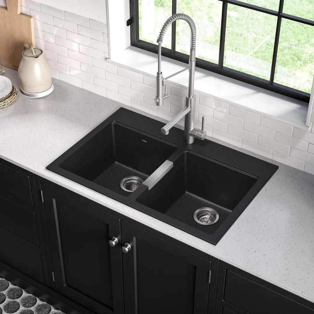 KRAUS 33 Inch Dual Mount 50/50 Double Bowl Granite Kitchen Sink w/ Topmount and Undermount Installation in Black Onyx, photo 5 of 12