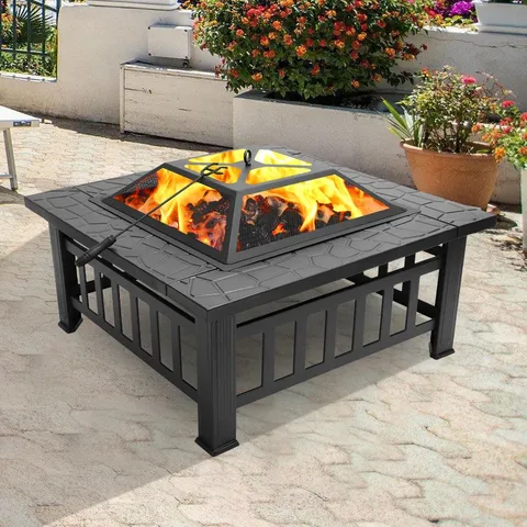 Homes and Gardens 32" Outdoor Metal Firepit Backyard Patio Garden Square Stove Fire Pit