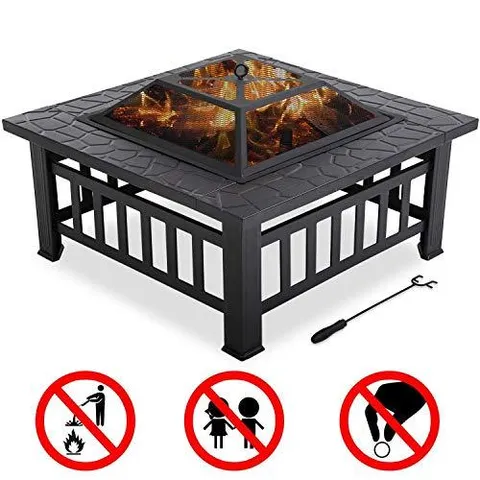 Outdoor fire pit for wood 32" Metal firepit for patio Wood Burning Fireplace Square Garden Stove with Charcoal Rack