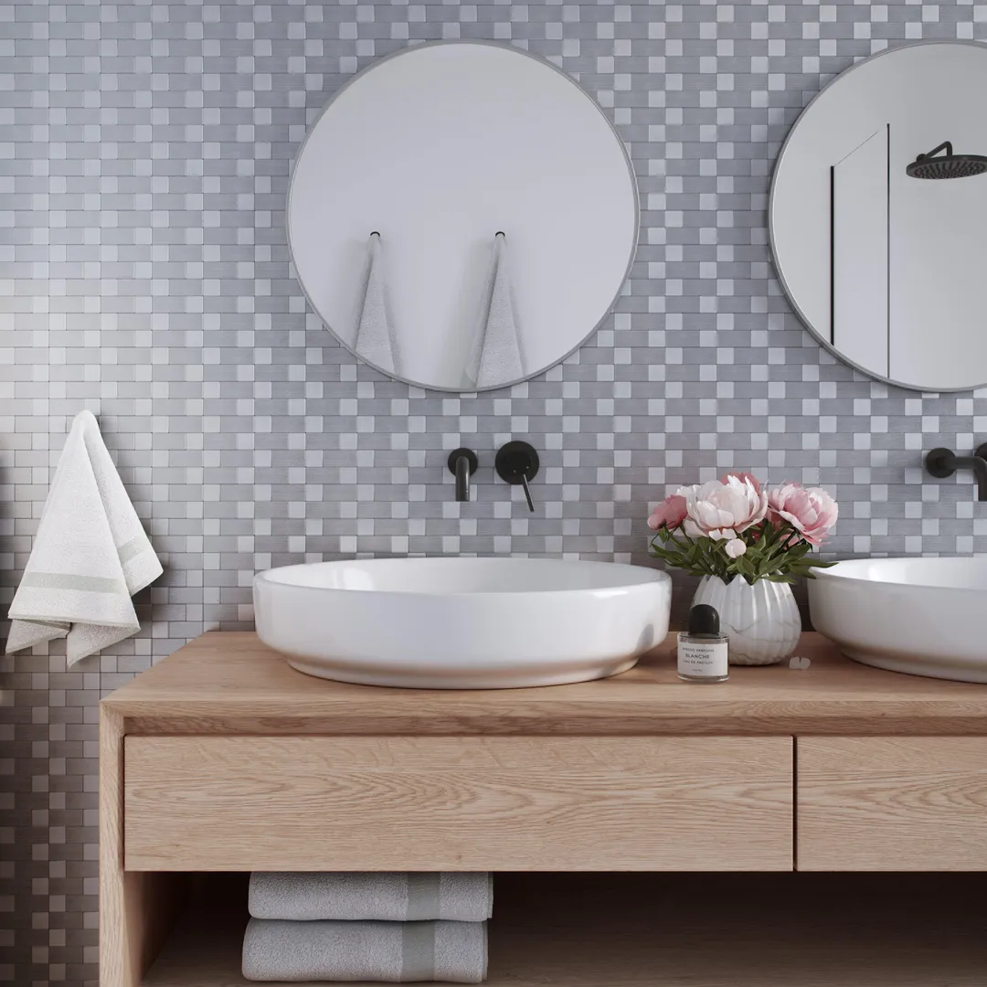 Crystiles Silver Mosaics 12 in. x 12 in. Peel and Stick Brushed Aluminum Wall Tile Backsplash, 4 Pieces, photo 3 of 6
