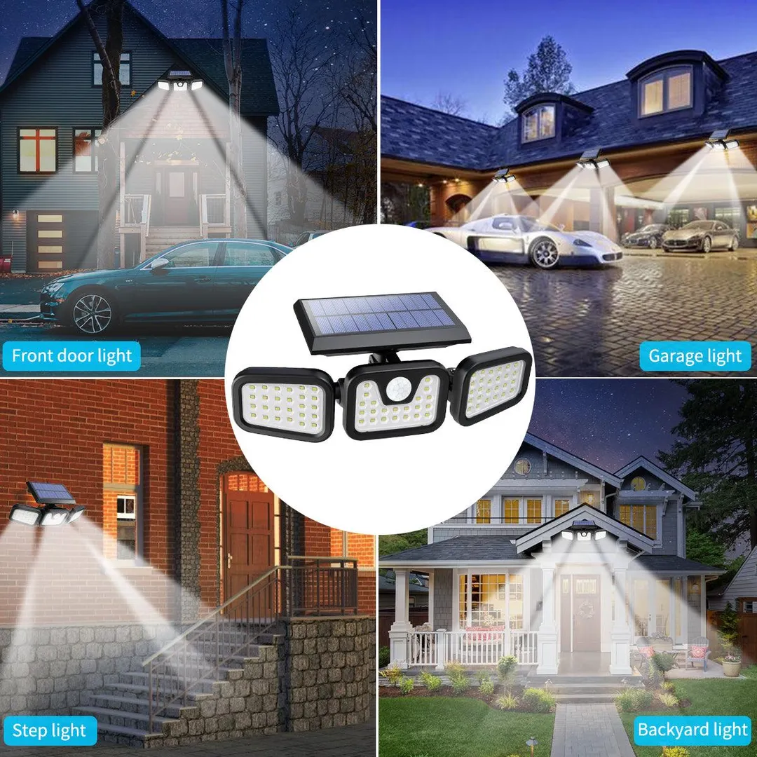 Cshidworld 74LED Solar Lights Outdoor, Wireless Solar Wall Lamp Motion Sensor Security Lights IP65 Waterproof 3 Adjustable Heads 270° Wide Angle Illumination LED Flood Light Spotlights- Porch Garden Patio Garage, photo 4 of 8