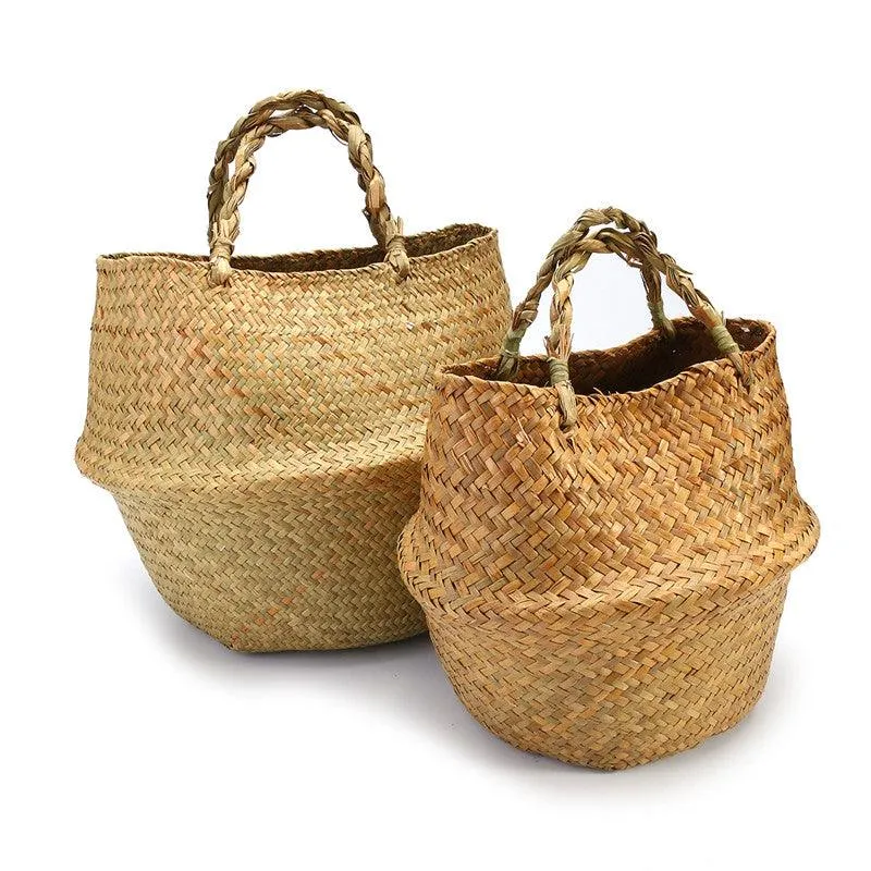 Set of 2 Handmade Rustic Storage Baskets Foldable Laundry Straw Patchwork Wicker Rattan Seagrass Belly Garden Flower Pot Planter Basket Garden Accessories, photo 5 of 10