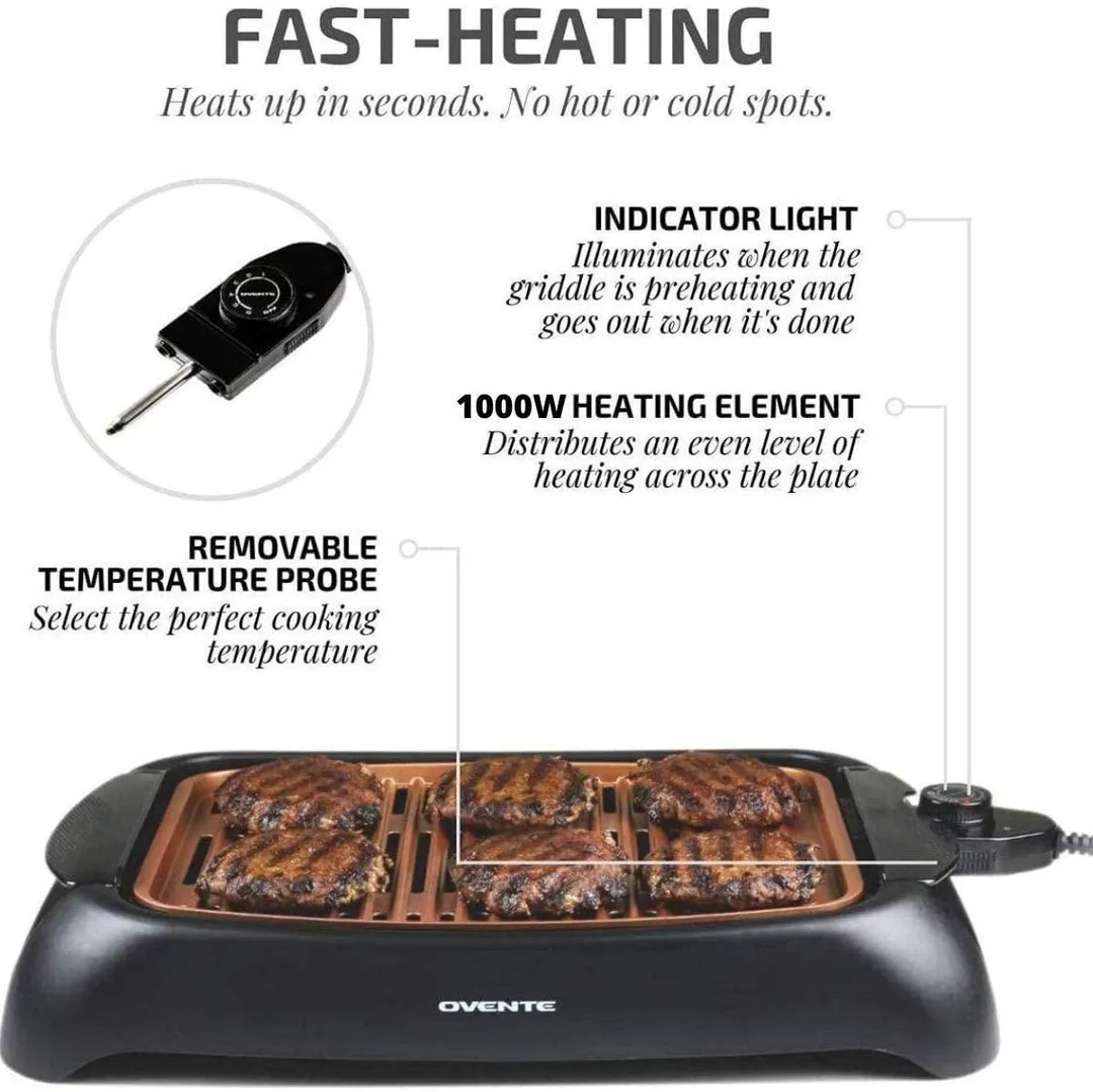 Ovente Electric Cooking Grill 13 x 10 Inch Nonstick Cast Iron Flat Plate with Oil Drip Pan & Temperature Control, Indoor Kitchen or Outdoor Easy Clean Compact for BBQ Grilling Meat, Copper GD1632NLCO, photo 2 of 9